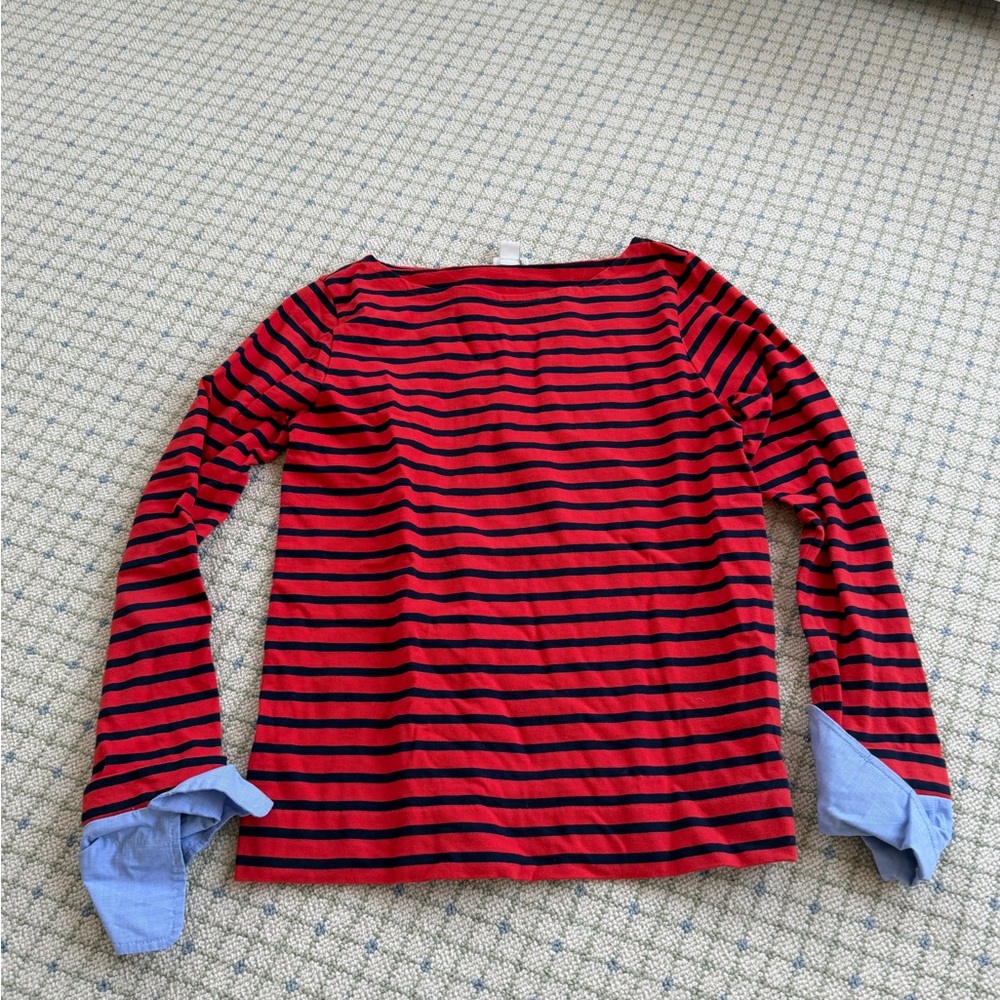 J. Crew Red & Navy Striped Long-Sleeve Top with Chambray Cuffs